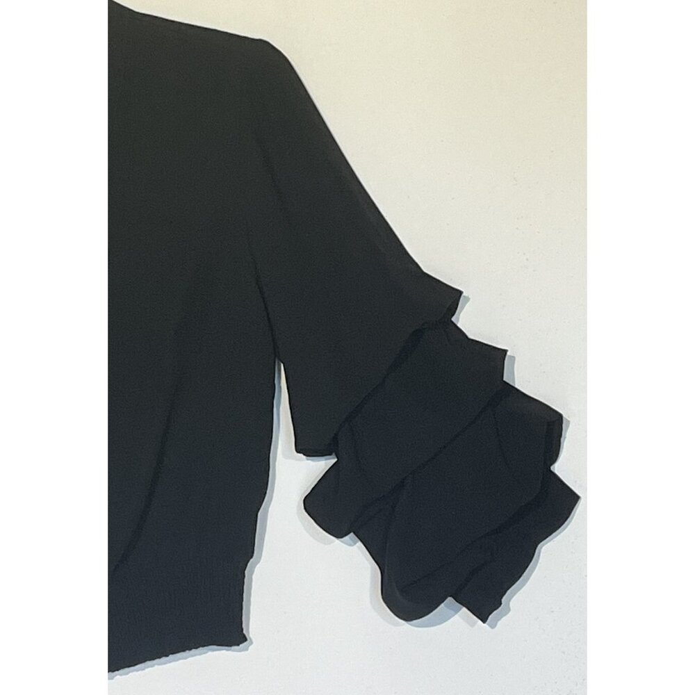New Gracia Black Ruffle Sleeve V-Neck Zip Blouse Top - Picture 11 of 15